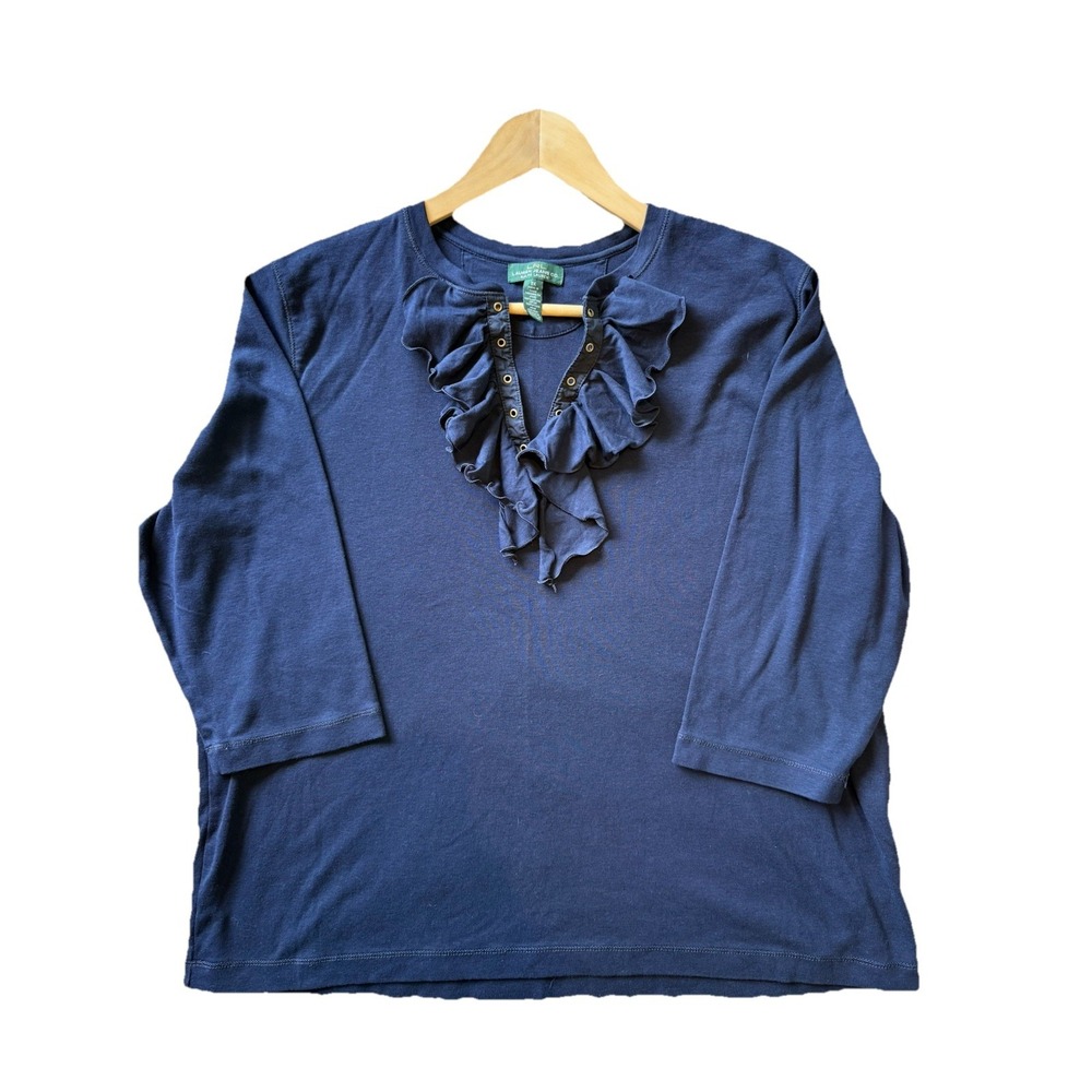 Lauren Ralph Lauren Jeans Co Navy Ruffle 3/4 Sleeve Pullover Top, V Neck
